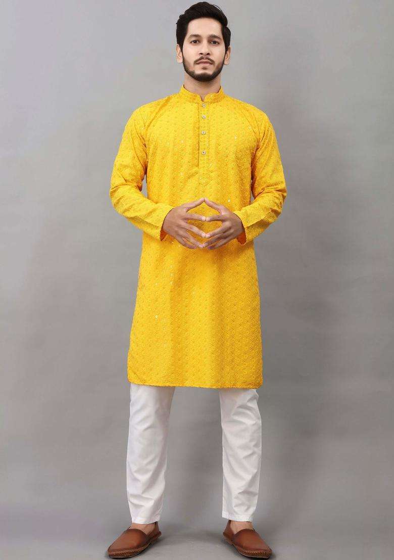 Yellow Embroidered Viscose Kurta Set For Men - Indya