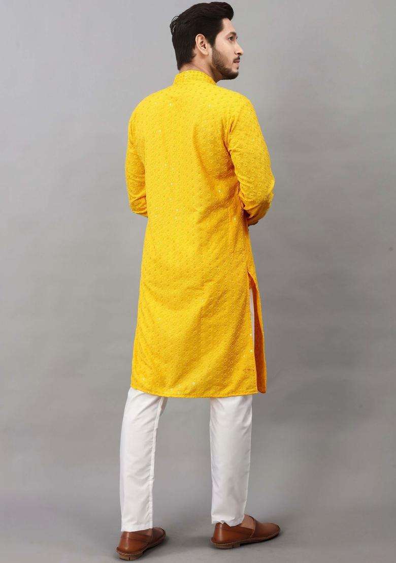 Yellow Embroidered Viscose Kurta Set For Men - Indya