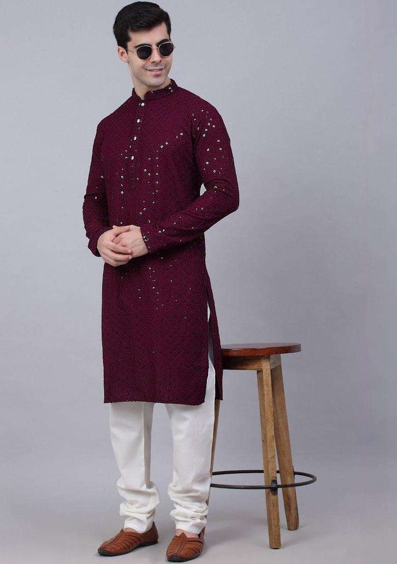Maroon Embroidered Viscose Kurta Set For Men - Indya