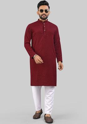 Maroon Self Design Polyester Kurta Set For Men