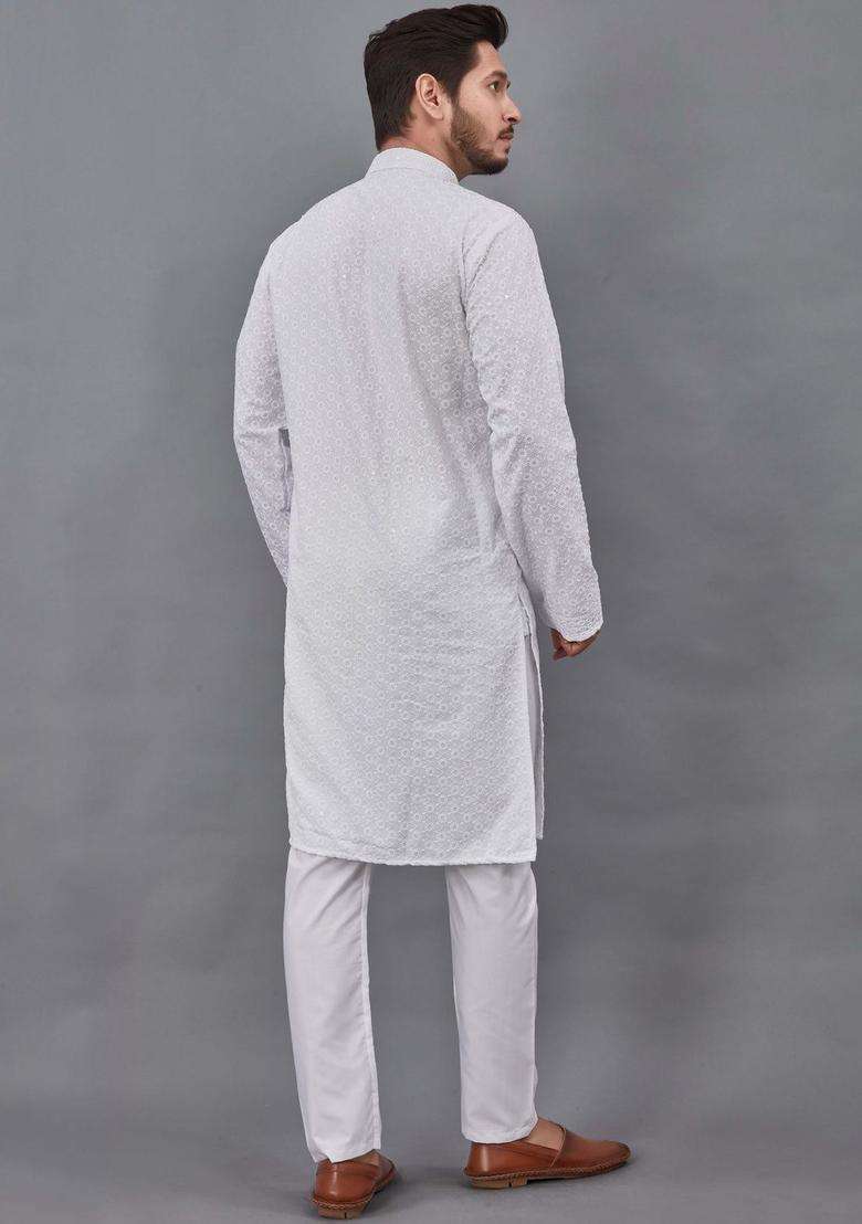 White Self Design Viscose Kurta Set For Men - Indya