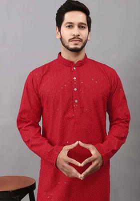 Maroon Embroidered Cotton Kurta Set For Men