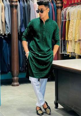 Green Embroidered Viscose Kurta Set For Men