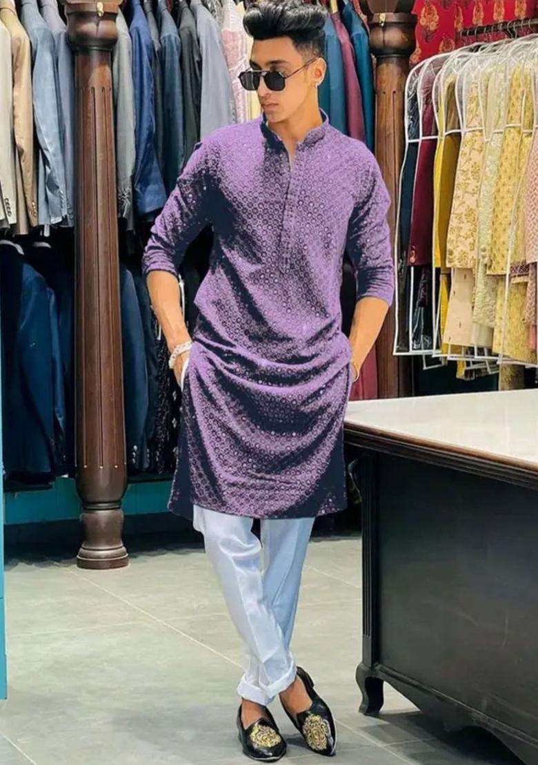 Purple Embroidered Viscose Kurta Set For Men - Indya