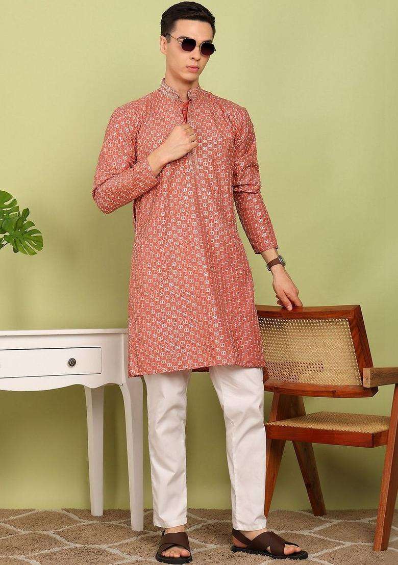 Red Embroidered Cotton Kurta Set For Men - Indya