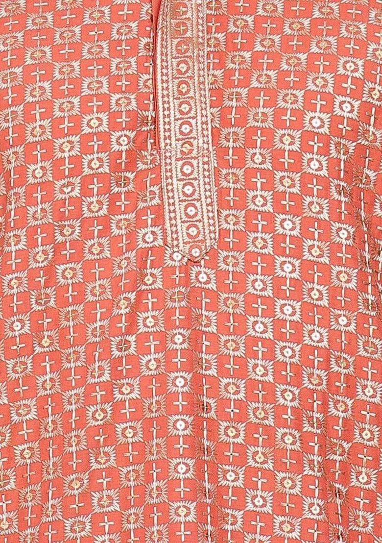 Red Embroidered Cotton Kurta Set For Men - Indya