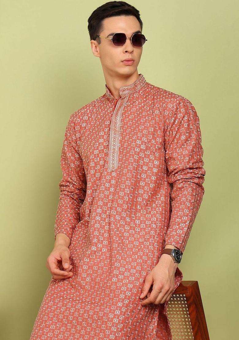 Red Embroidered Cotton Kurta Set For Men - Indya