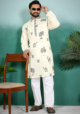 Off White Printed Silk Kurta Set For Men