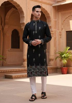 Black Embroidered Cotton Kurta Set For Men