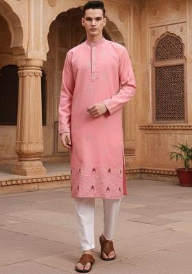 Pink Embroidered Cotton Kurta Set For Men