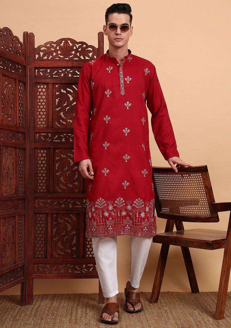 Red Embroidered Cotton Kurta Set For Men - Indya