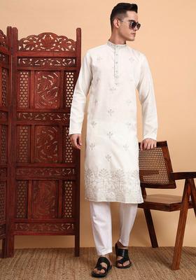White Embroidered Cotton Kurta Set For Men