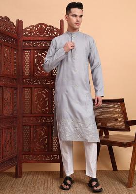 Grey Embroidered Cotton Kurta Set For Men