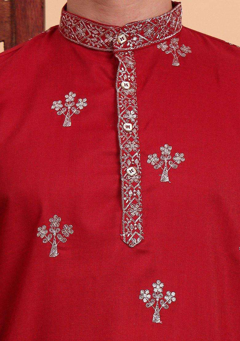 Red Embroidered Cotton Kurta Set For Men - Indya