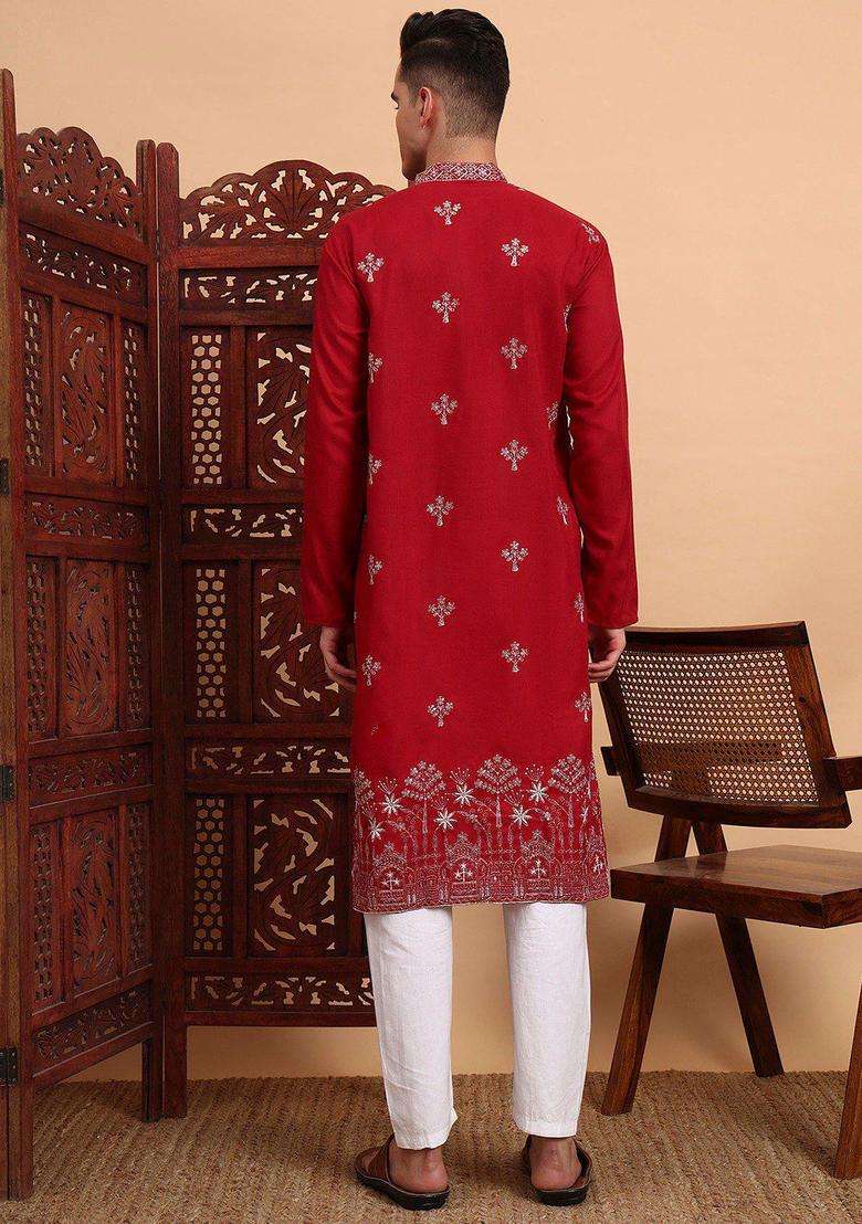 Red Embroidered Cotton Kurta Set For Men - Indya