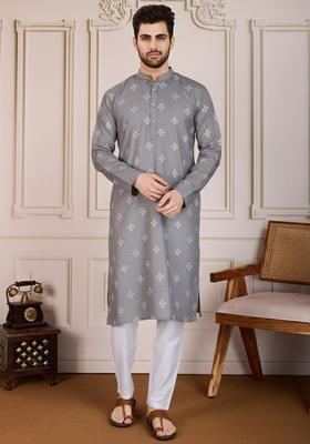 Grey Embroidered Cotton Kurta Set For Men