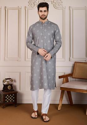 Grey Embroidered Cotton Kurta Set For Men