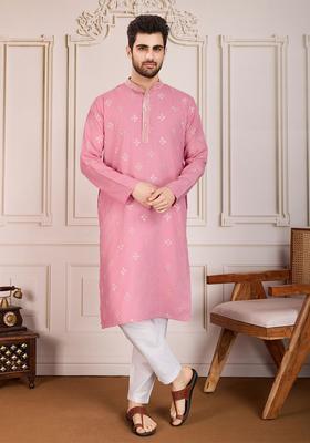 Pink Embroidered Cotton Kurta Set For Men