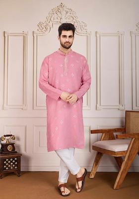 Pink Embroidered Cotton Kurta Set For Men