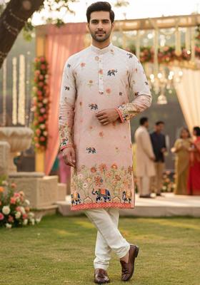 Peach Embroidered Cotton Kurta Set For Men