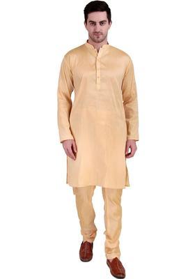 Beige Solid Silk Kurta Set For Men