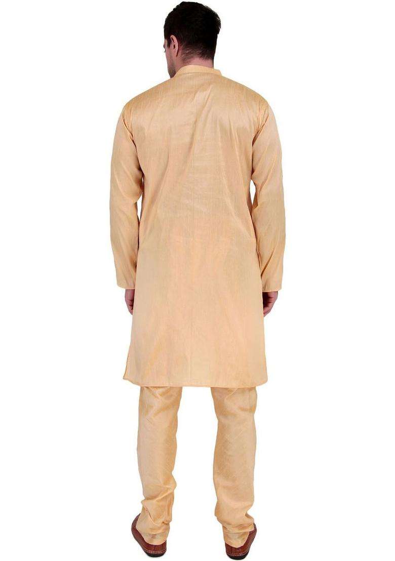Beige Solid Silk Kurta Set For Men - Indya