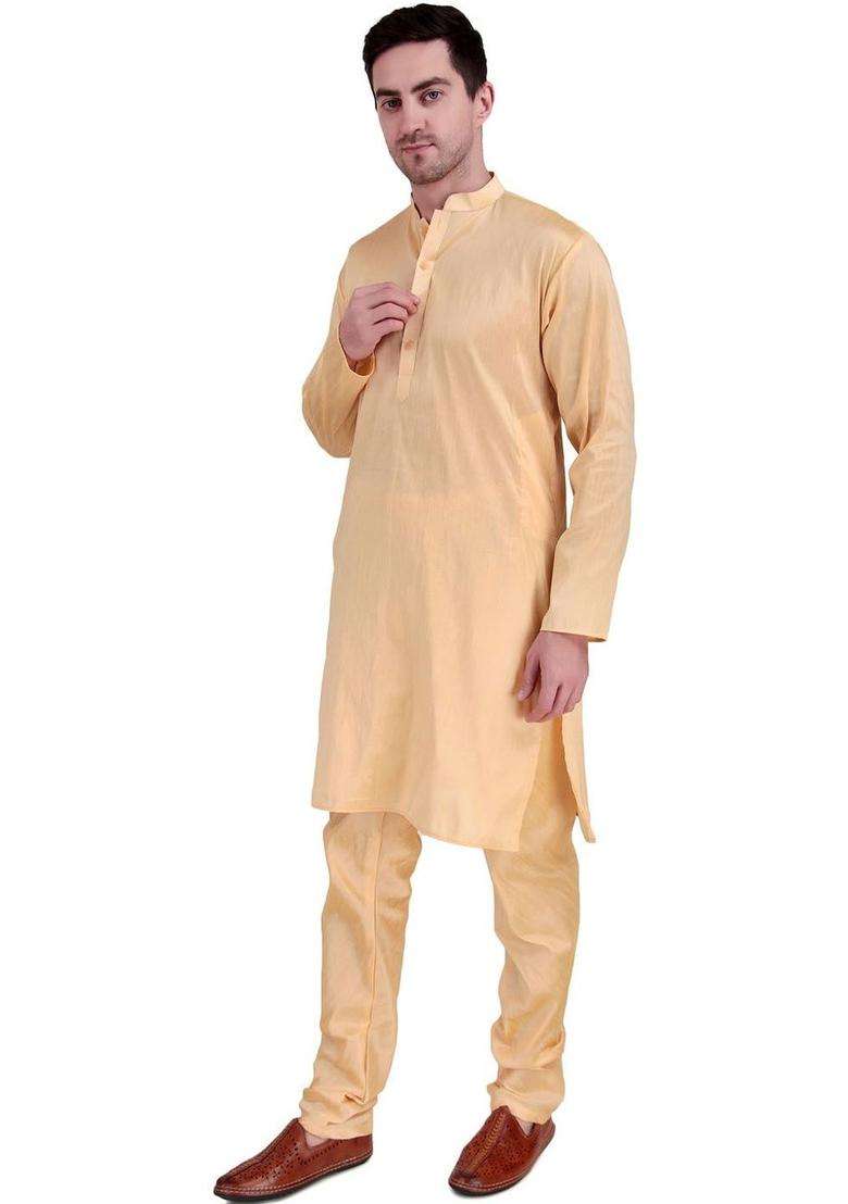 Beige Solid Silk Kurta Set For Men - Indya