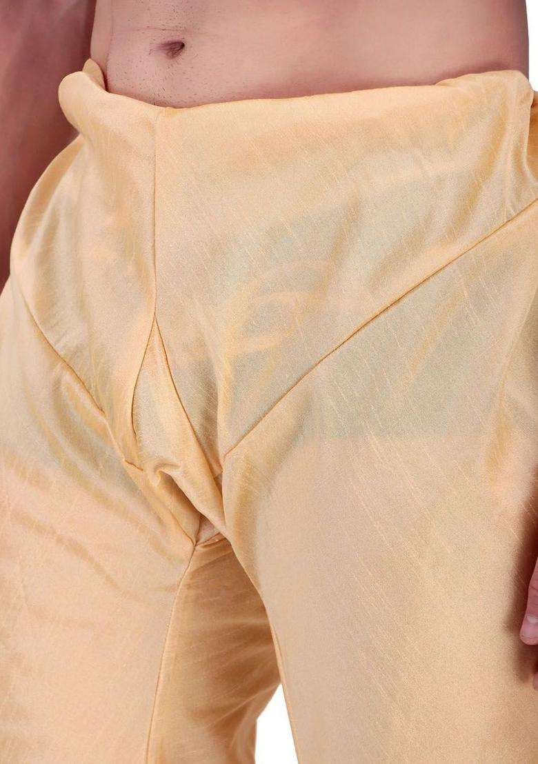 Beige Solid Silk Kurta Set For Men - Indya