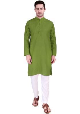Olive Solid Cotton Kurta Set For Men