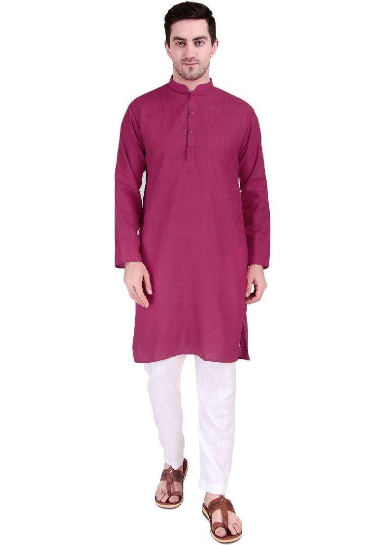Pink Solid Viscose Kurta Set For Men - Indya