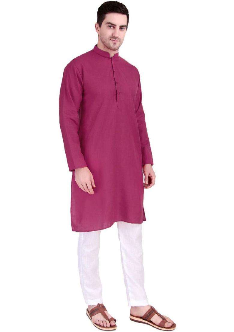 Pink Solid Viscose Kurta Set For Men - Indya