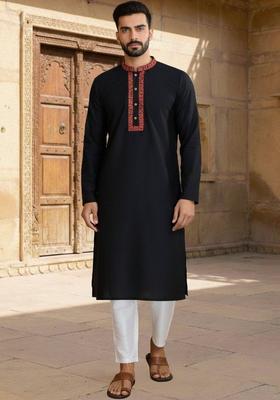 Black Embroidered Cotton Kurta Set For Men