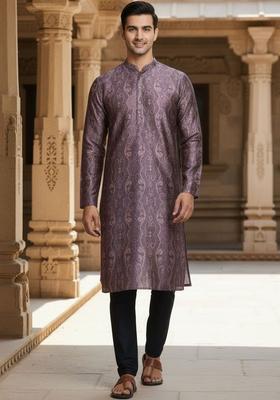 Purple Printed Silk Kurta Set For Men