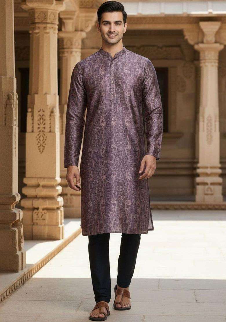 Purple Printed Silk Kurta Set For Men - Indya