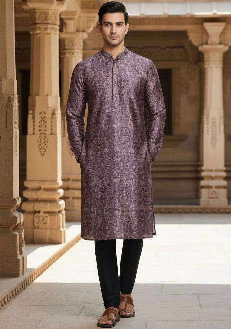 Purple Printed Silk Kurta Set For Men - Indya