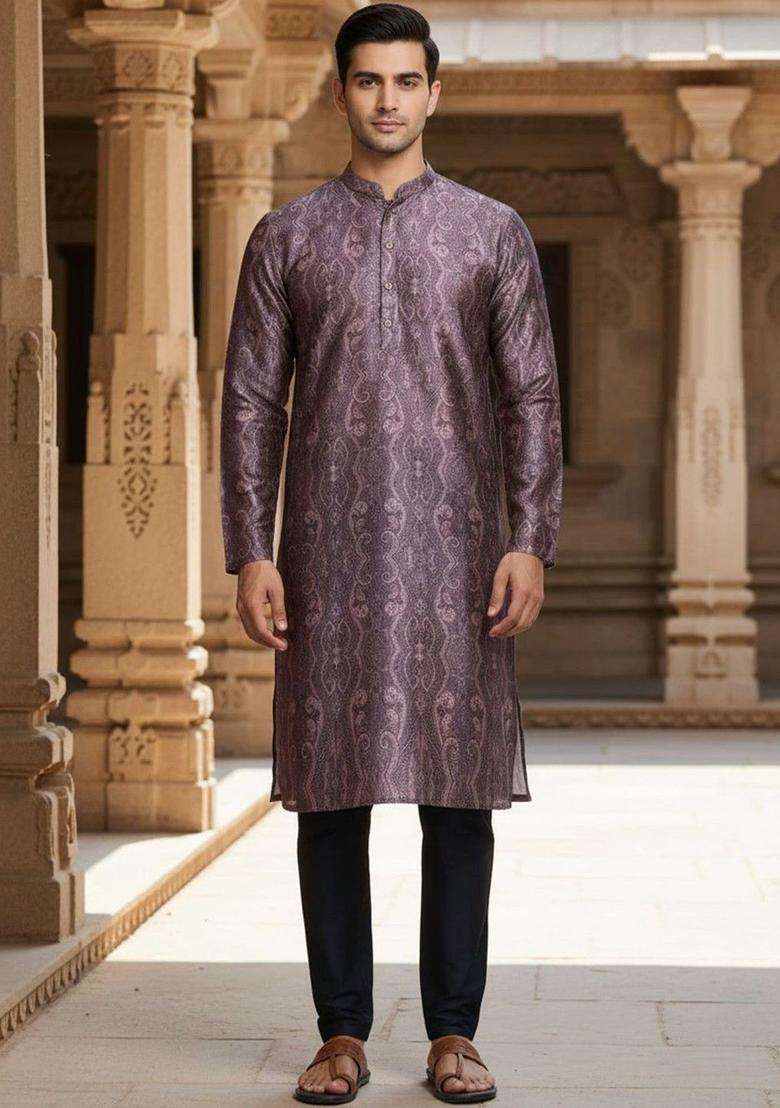 Purple Printed Silk Kurta Set For Men - Indya