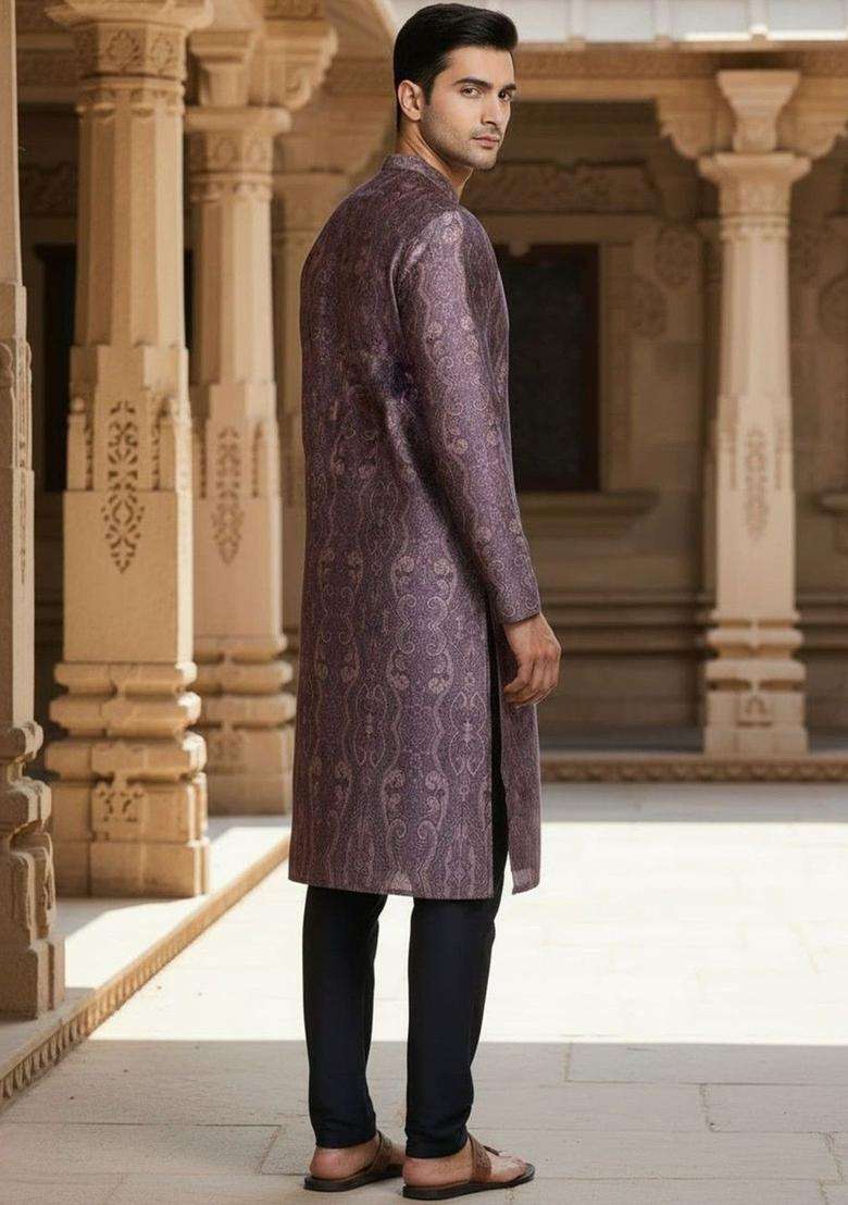 Purple Printed Silk Kurta Set For Men - Indya