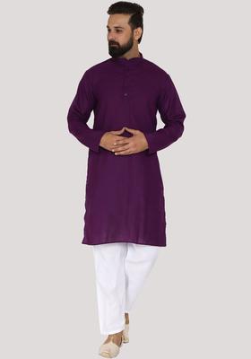 Purple Solid Cotton Kurta Set For Men