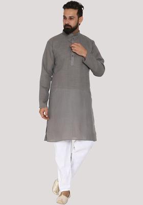 Grey Solid Cotton Kurta Set For Men