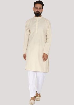Cream Solid Cotton Kurta Set For Men