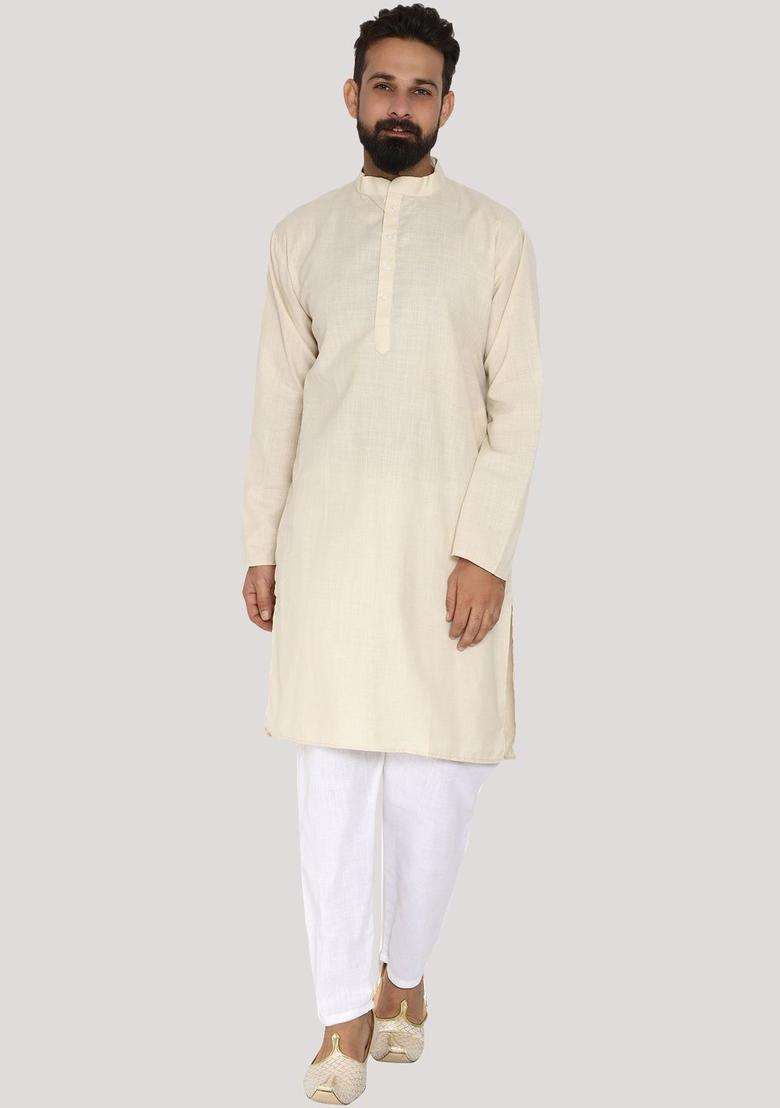 Cream Solid Cotton Kurta Set For Men - Indya