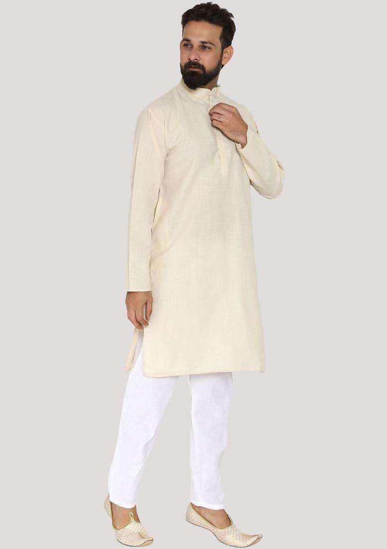 Cream Solid Cotton Kurta Set For Men - Indya