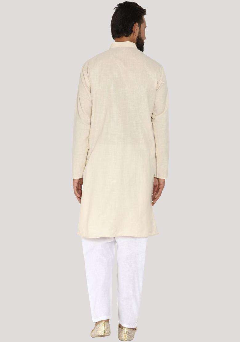 Cream Solid Cotton Kurta Set For Men - Indya