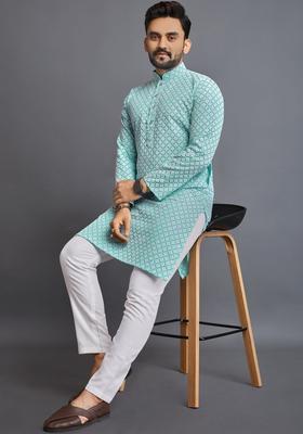 Turquoise Blue Printed Silk Kurta Set For Men