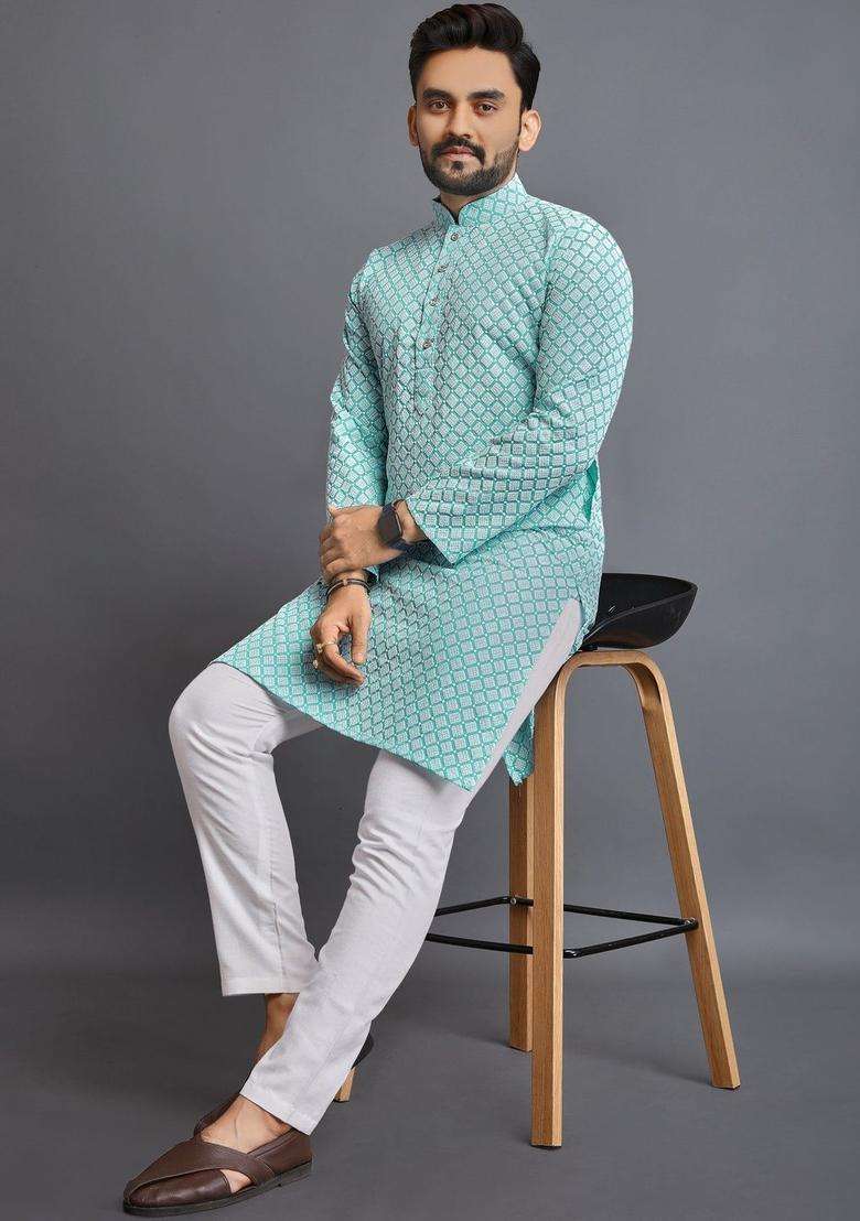 Turquoise Blue Printed Silk Blend Kurta Set For Men - Indya