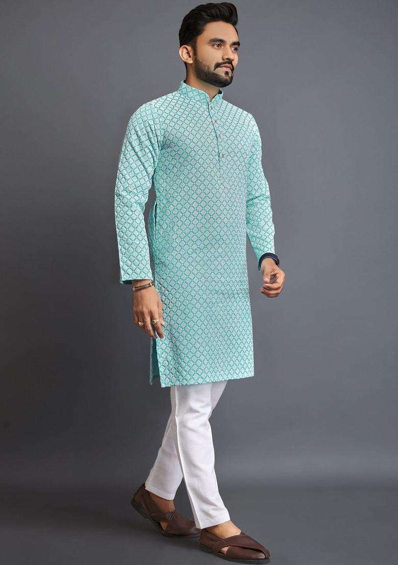 Turquoise Blue Printed Silk Blend Kurta Set For Men - Indya