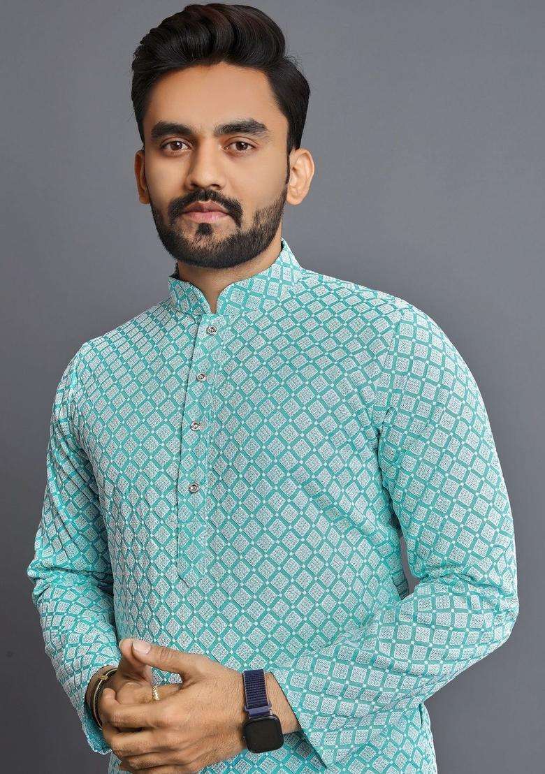 Turquoise Blue Printed Silk Blend Kurta Set For Men - Indya