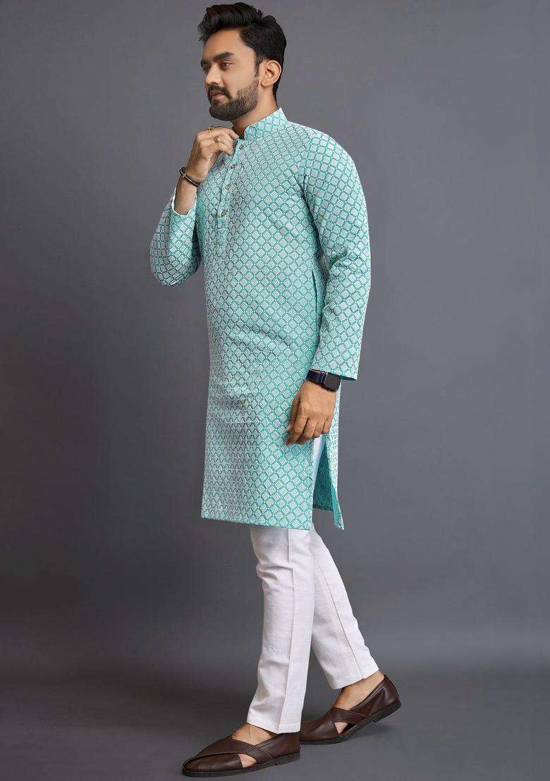 Turquoise Blue Printed Silk Blend Kurta Set For Men - Indya