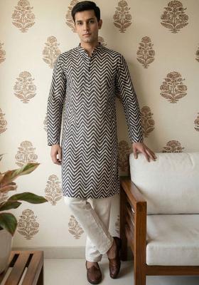 Black Printed Cotton Kurta Set For Men