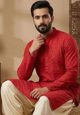 Red Embroidered Cotton Kurta Set For Men